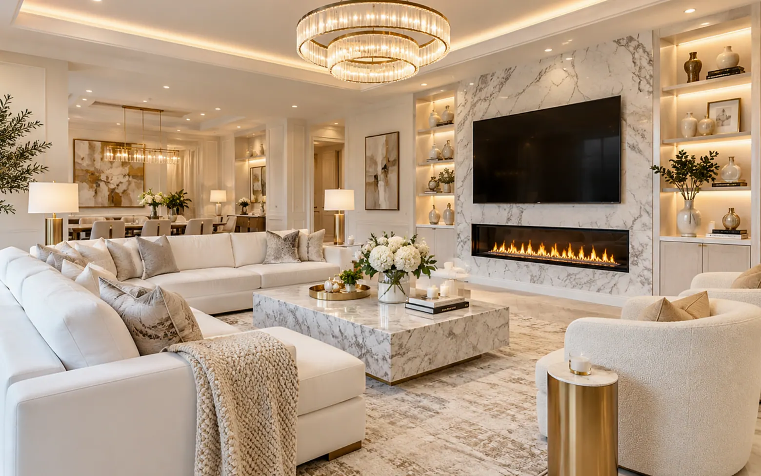 Luxury living room, marble fireplace and modern interior
